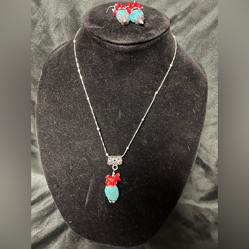 925 Silver sleeping beauty turquoise and red coral necklace set